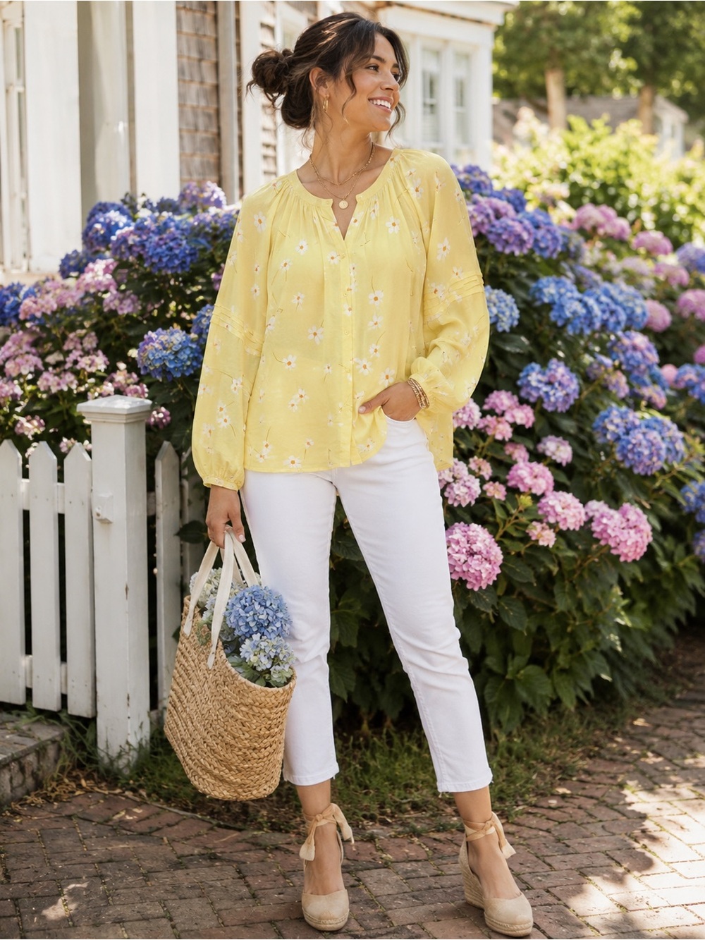 ANA Daisy Print Blouse | Yellow Floral Peasant Top | Boho Cottagecore LongSleeve